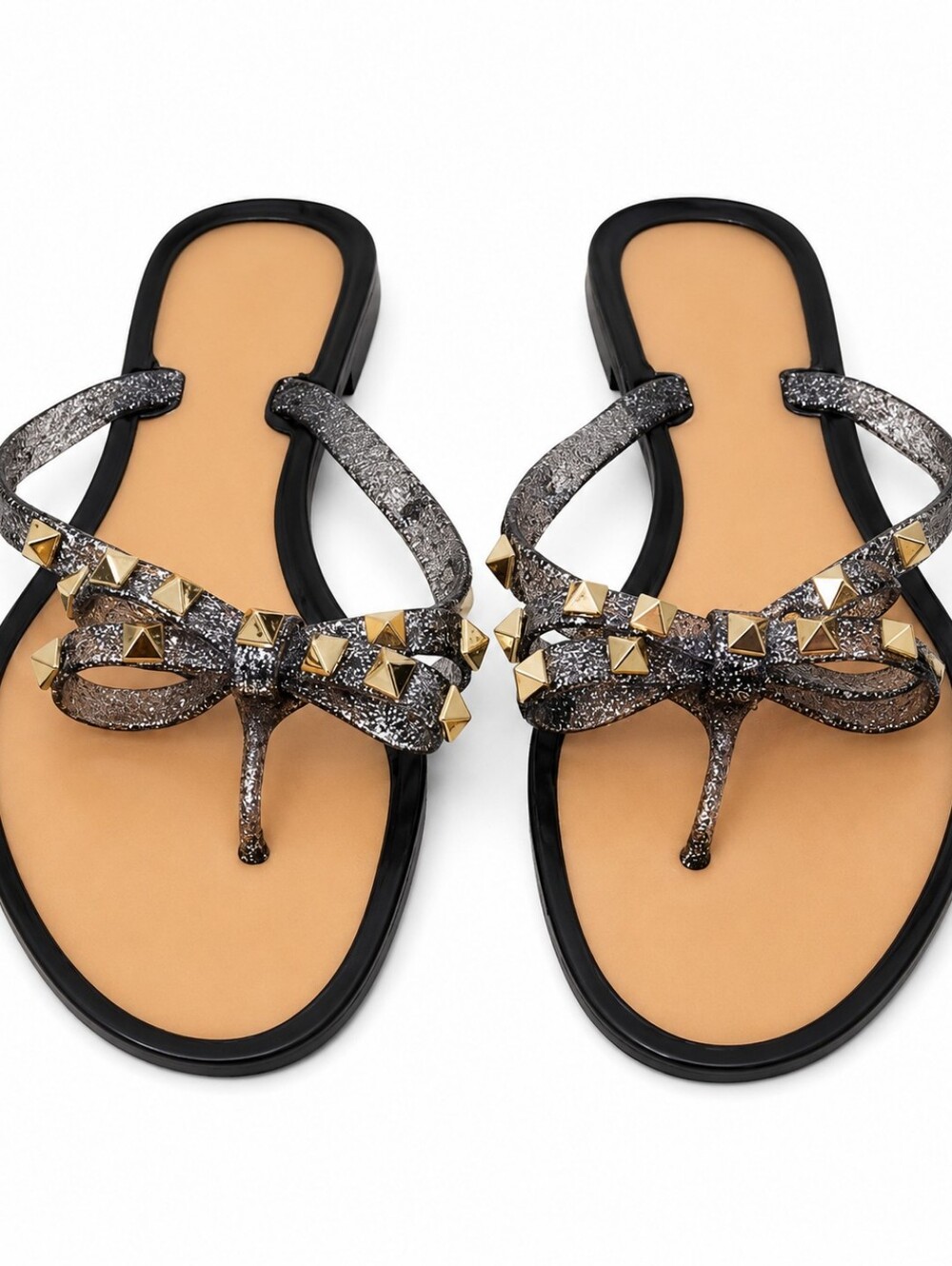 Le Chateau Black Glitter Studded Jelly Thong Sandals – Bow Detail Size 9